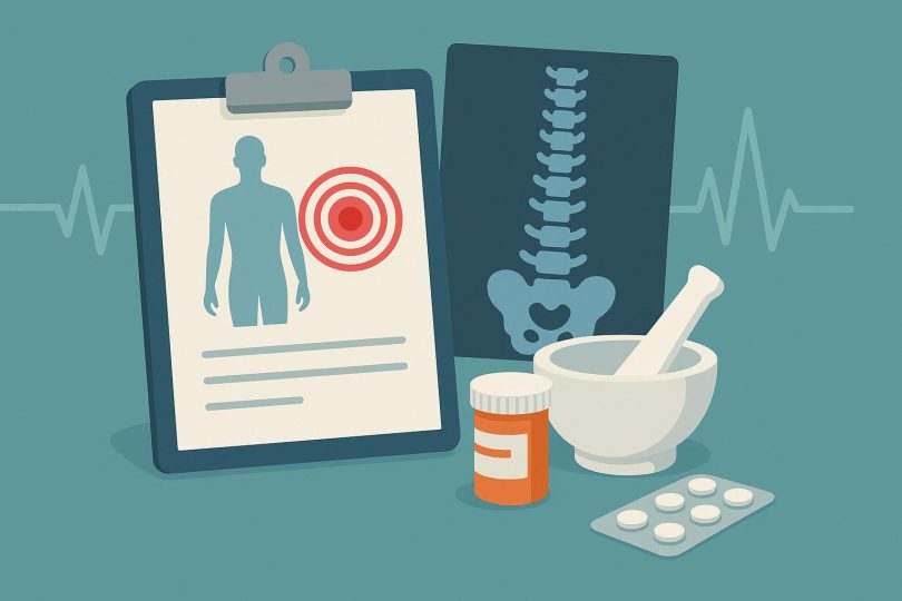 Pain management concept with medical charts and structured treatment plan on a doctor's desk