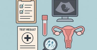 Infertility evaluation process illustrated with diagnostic tools and medical consultation setting