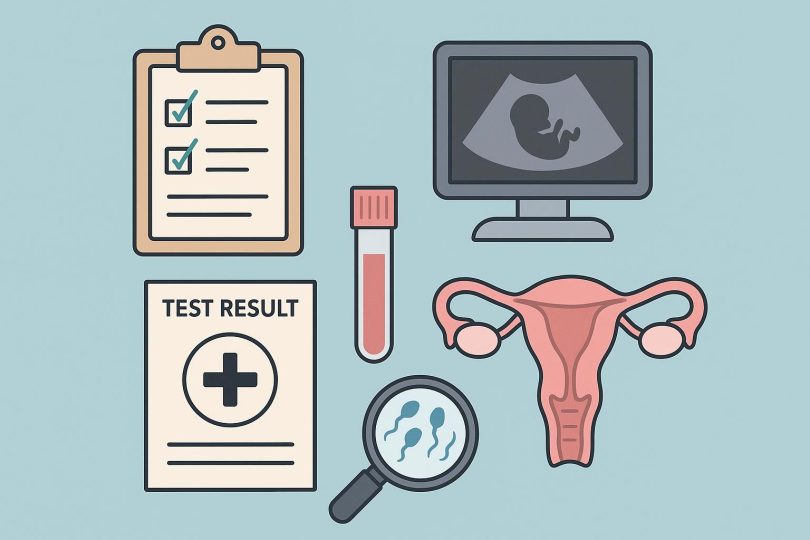 Infertility evaluation process illustrated with diagnostic tools and medical consultation setting