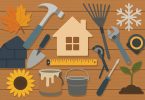 Tools and materials arranged for seasonal DIY home repair projects on a wooden workbench
