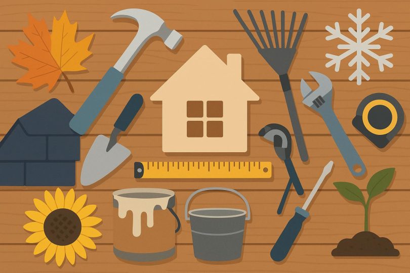 Tools and materials arranged for seasonal DIY home repair projects on a wooden workbench