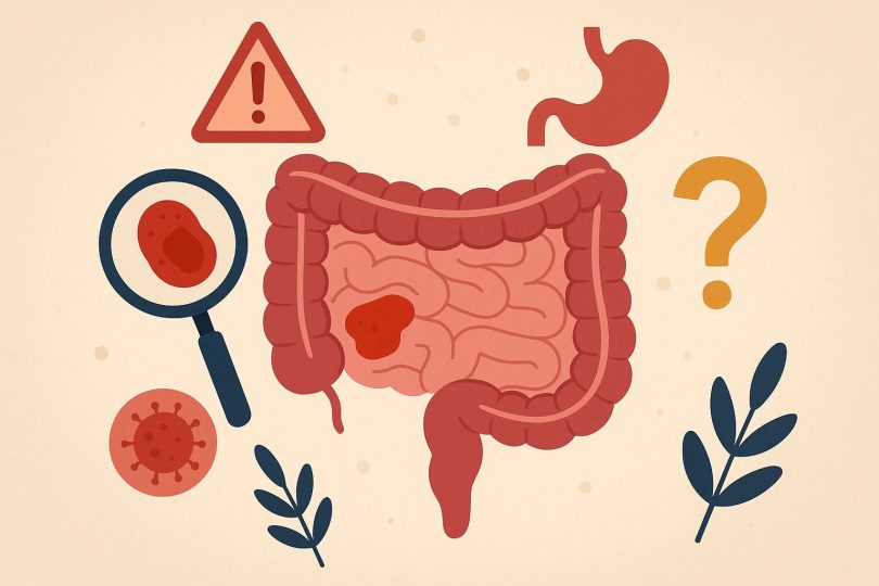 Digestive system illustration highlighting inflamed intestines linked to Crohn's disease symptoms