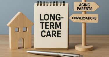 Hands holding a notepad and pen over documents about long-term care planning for aging parents