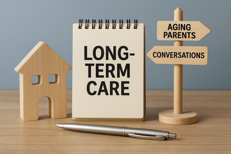 Hands holding a notepad and pen over documents about long-term care planning for aging parents