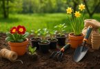 Gardener using tools to prepare flower beds and plant seeds in a blooming spring garden