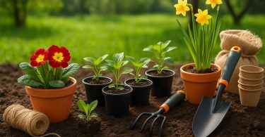 Gardener using tools to prepare flower beds and plant seeds in a blooming spring garden