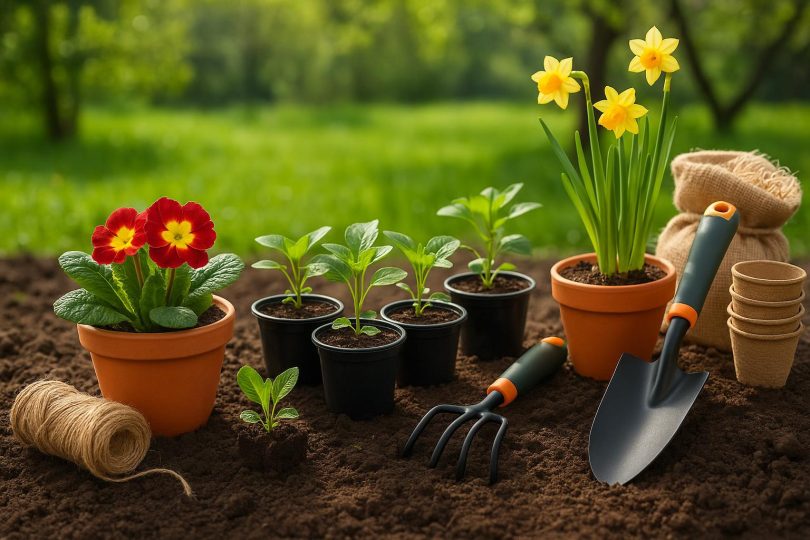 Gardener using tools to prepare flower beds and plant seeds in a blooming spring garden
