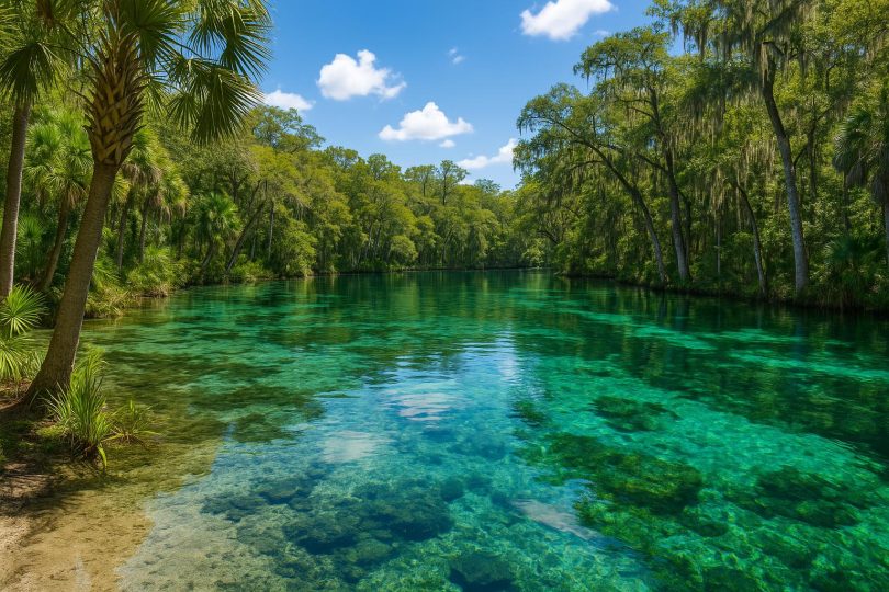 Crystal-clear Florida spring surrounded by lush greenery and natural beauty
